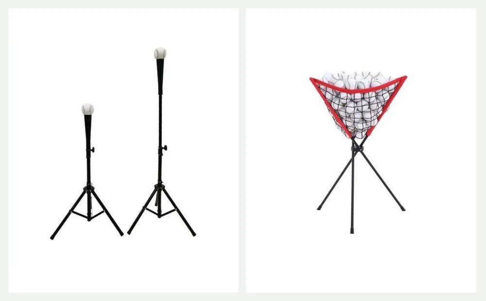 Actual batting tee and ball caddy product photos, reference QD-BT-01 and QD-CD-01